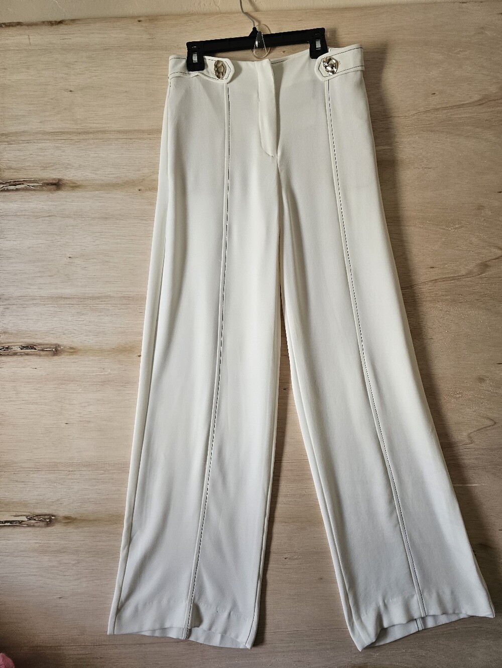 Zara Wide Leg Tailored Off-White Trousers Contrast Stitching Gold Button Details